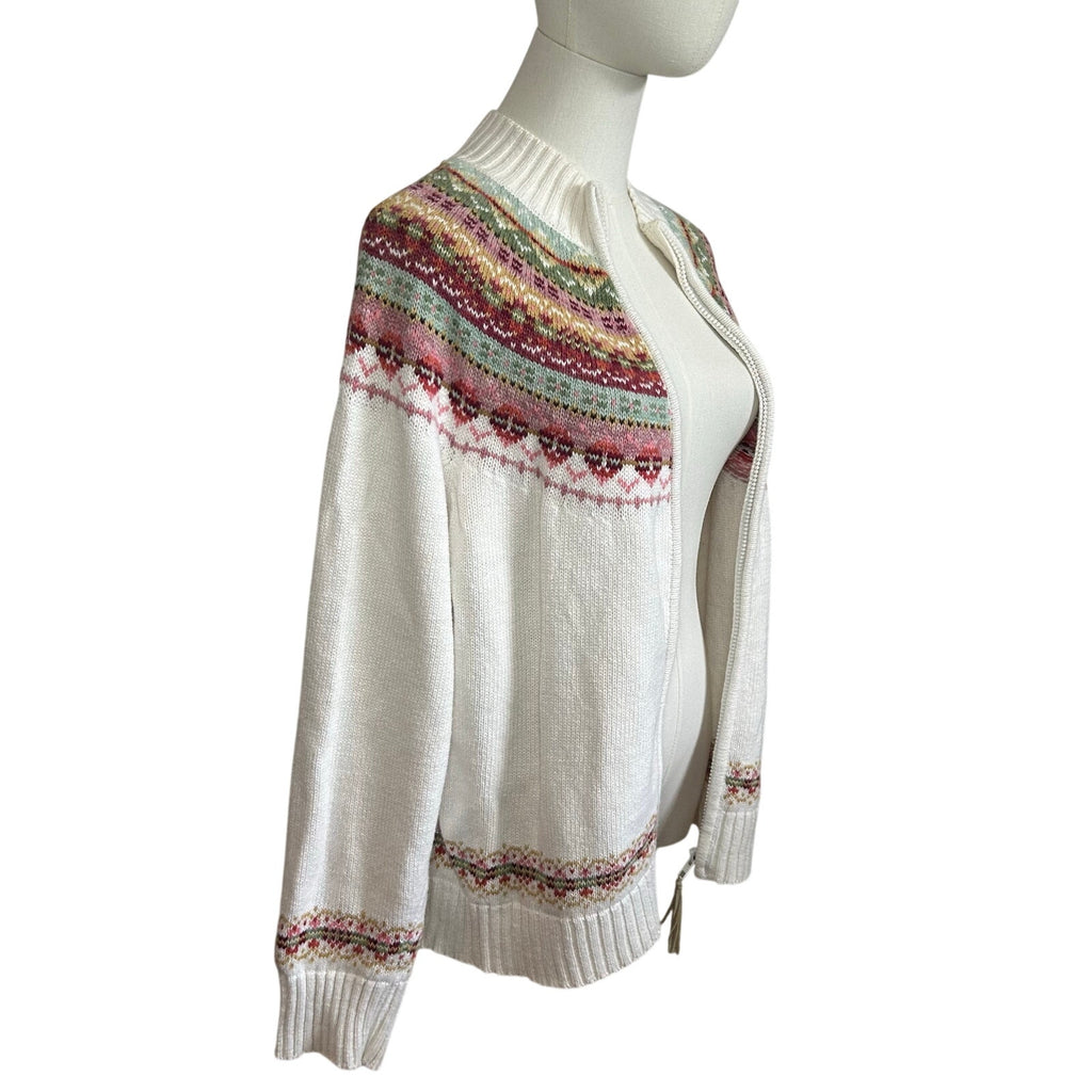 VTG Y2K Tiara International L White Fair Isle Cardigan Sweater Full Zip Grandma