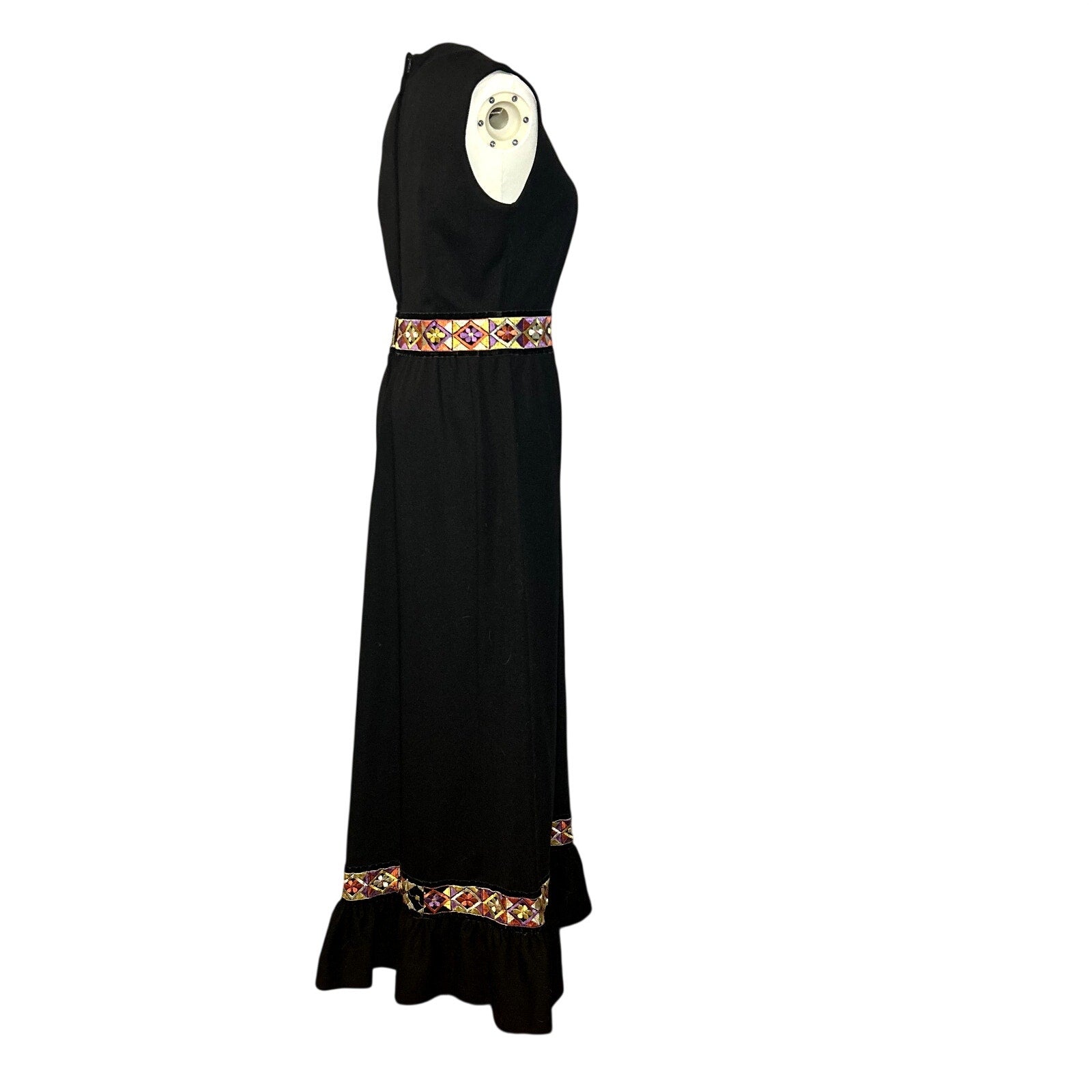 VTG 70s Black Folk Maxi Dress Embroidered Velvet Trim Ruffle Boho Hostess Small