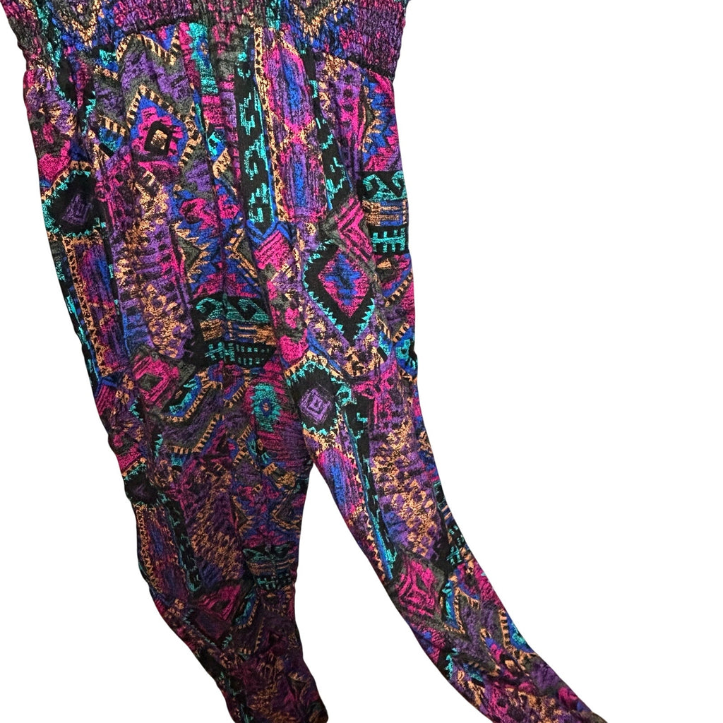 VTG En Focus Geometric Jumpsuit Purple L Rayon Southwestern Boho 90s USA Made