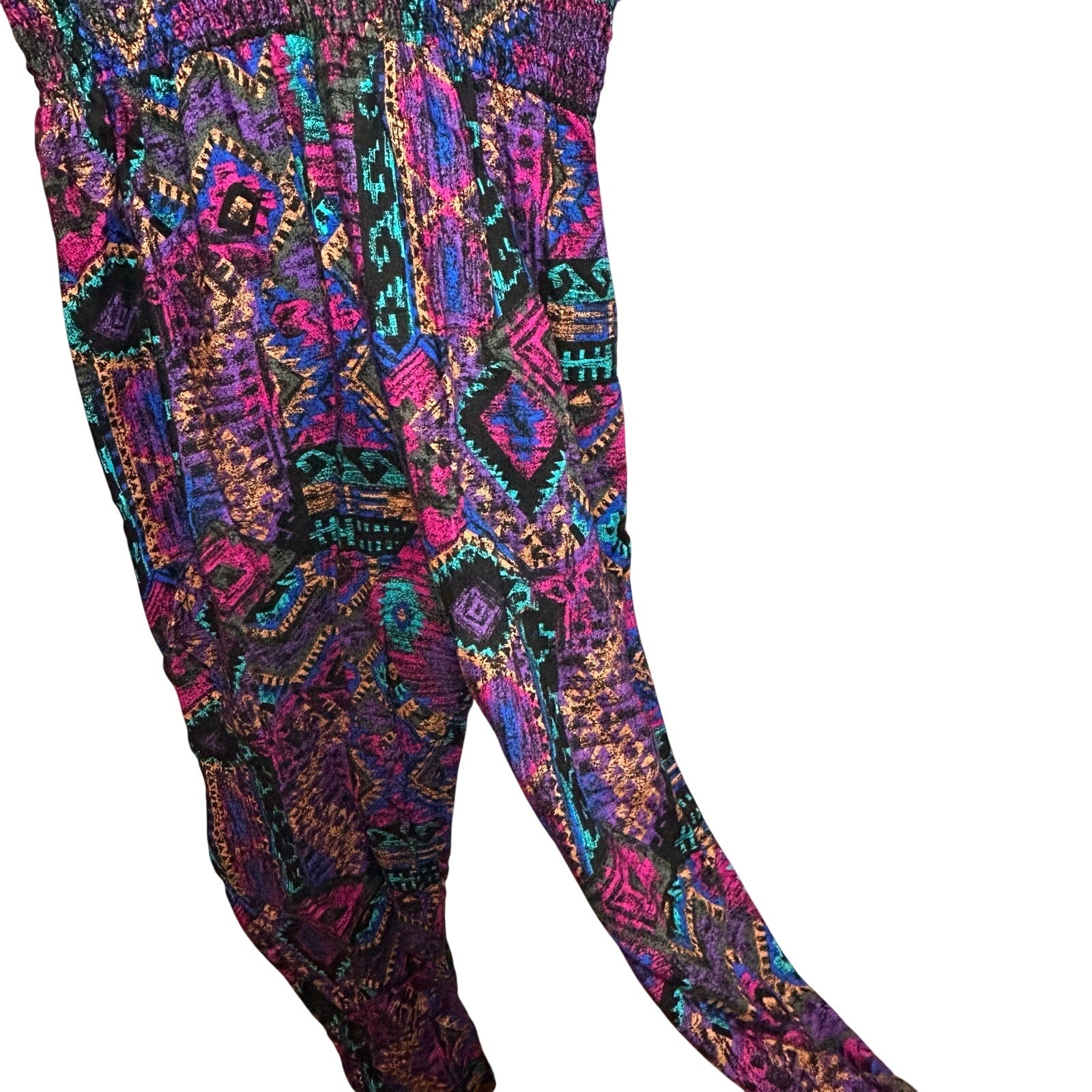 VTG En Focus Geometric Jumpsuit Purple L Rayon Southwestern Boho 90s USA Made