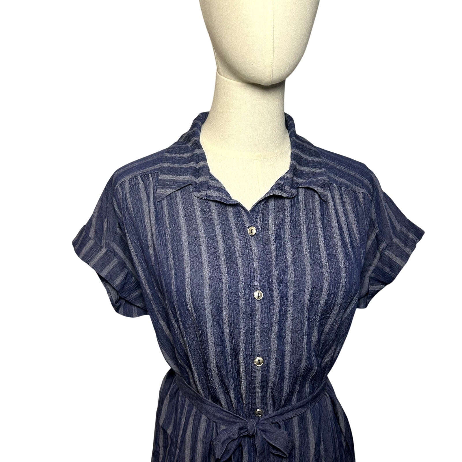 Naif Navy Blue Striped Cotton Blend Shirt Dress Tie Waist Women's Medium Casual