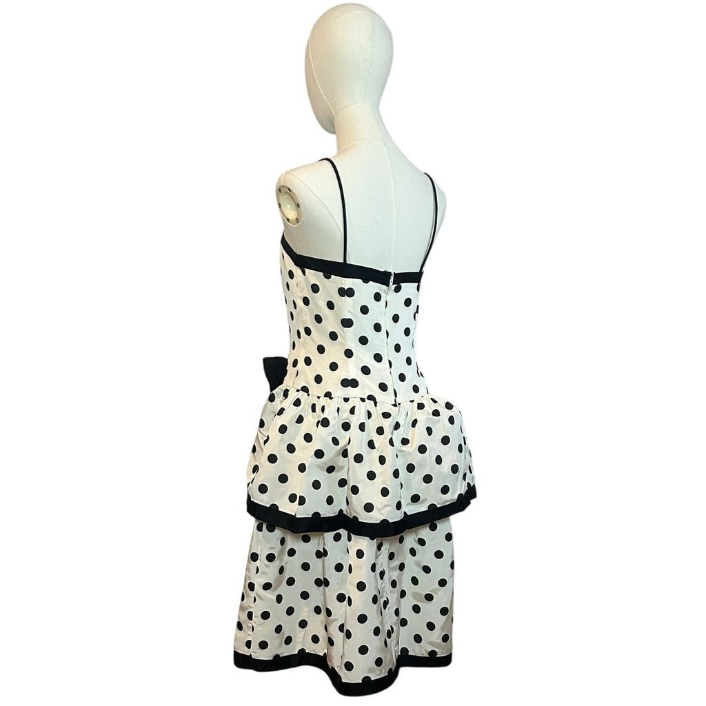 VTG 80s Stop Staring! Polka Dot B&W Medium Tiered Drop Waist Dress Rockabilly