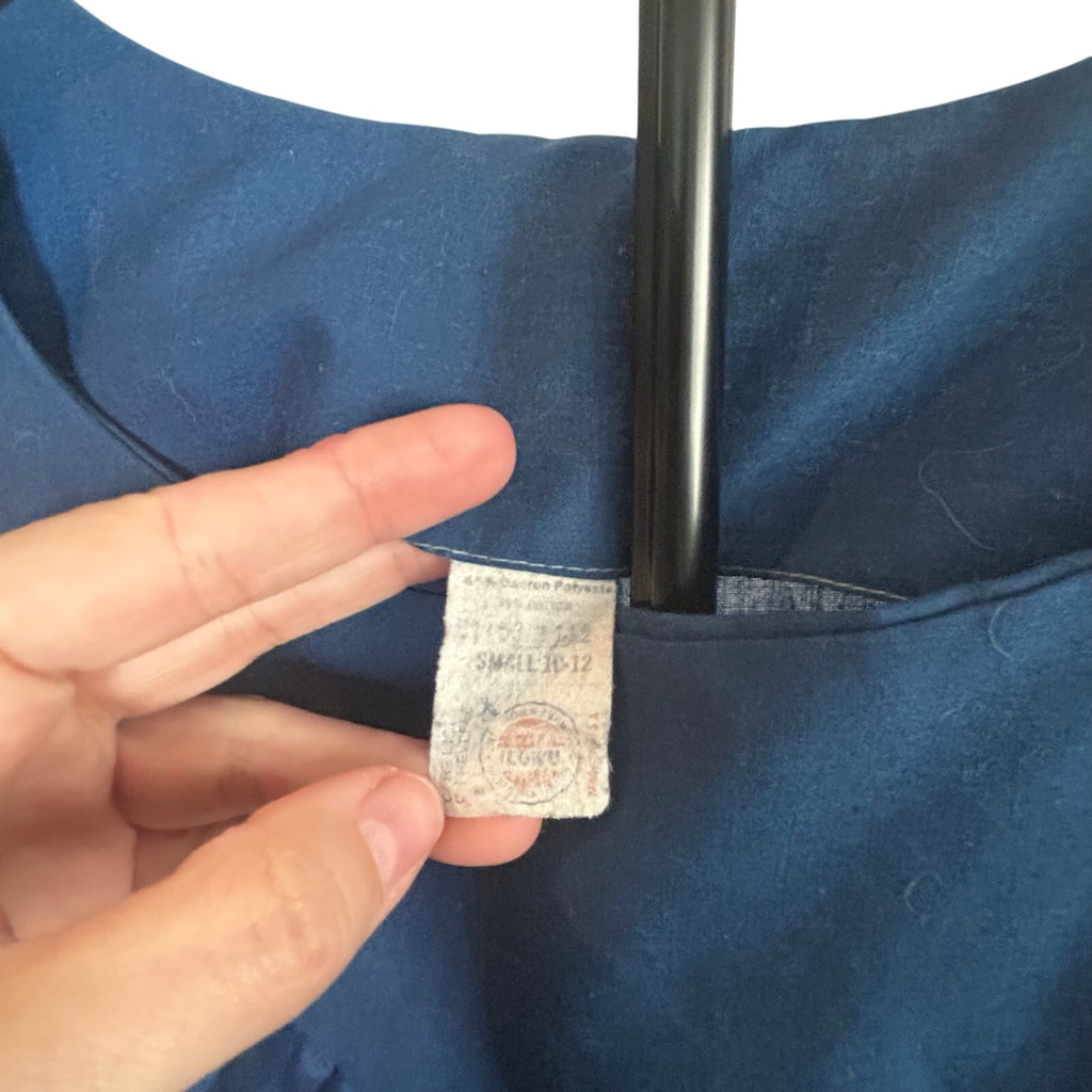 VTG 70s ILGWU Embroidered Floral Pocket Pinafore Dress Navy Blue Small Retro