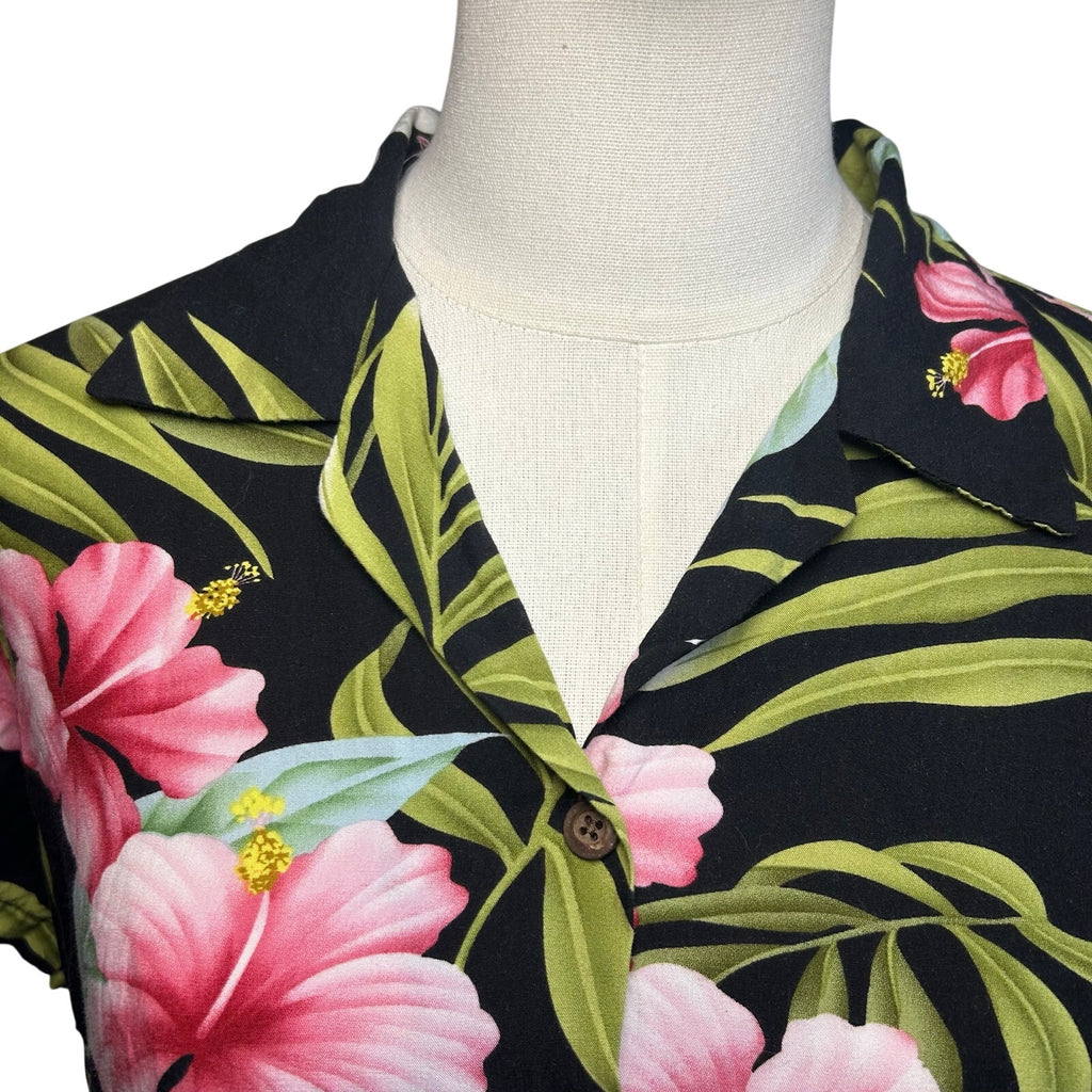 VTG 90s Puanani Hawaiian Shirt Black Floral Medium Tropical Boho Casual Indie
