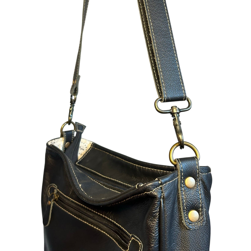 Myra Bag Leather Cow Hide Crossbody Shoulder Bag Brown White Tassel Purse