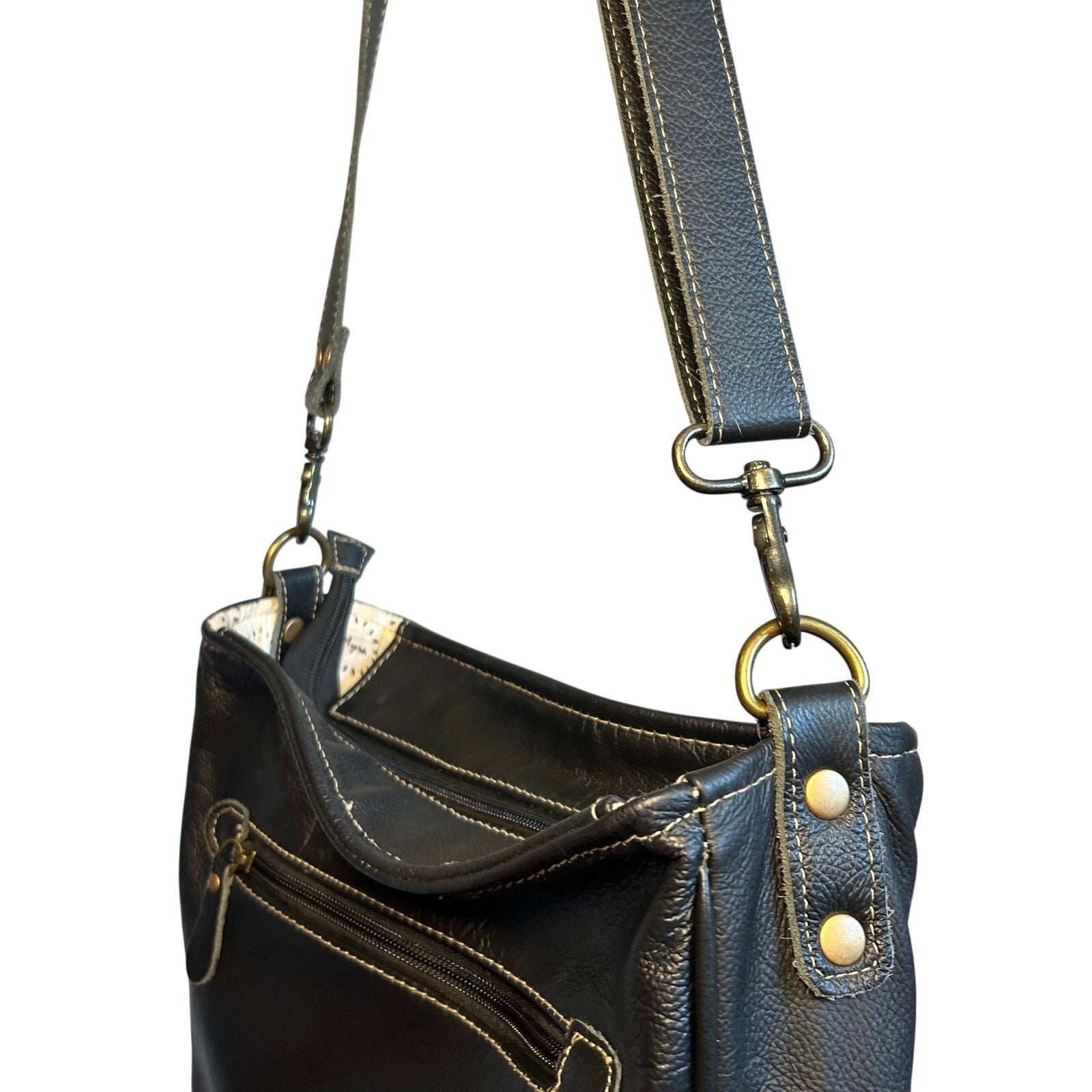 Myra Bag Leather Cow Hide Crossbody Shoulder Bag Brown White Tassel Purse