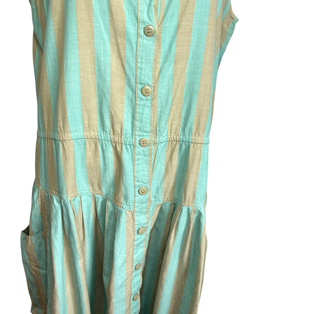 Phool Blue Tan Striped Buttons Pleated Cotton M Midi Dress Coastal Prairie Boho