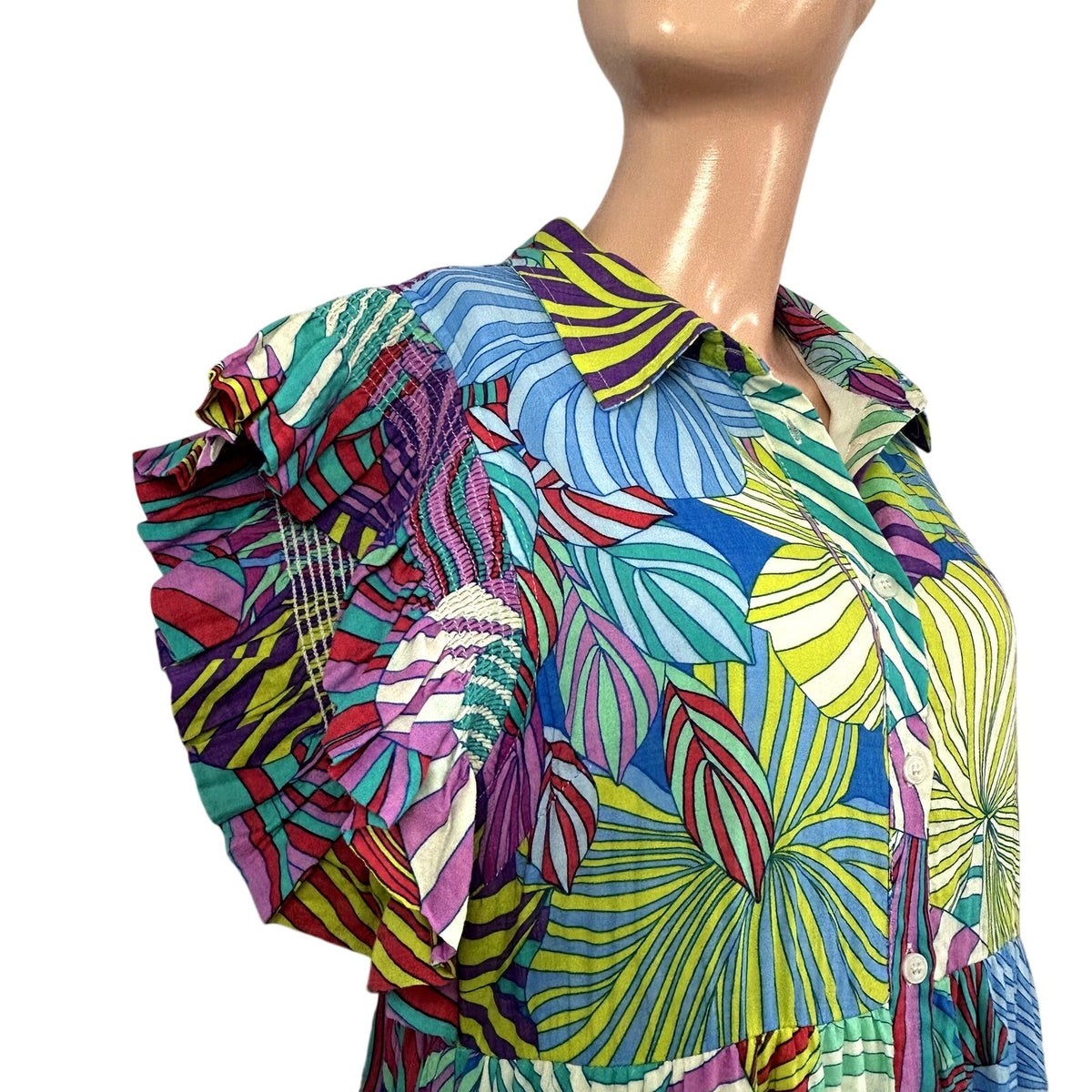 JODIFL NWT Floral Smocked Ruffle Maxi Dress S Button Down Boho Broom Feminine
