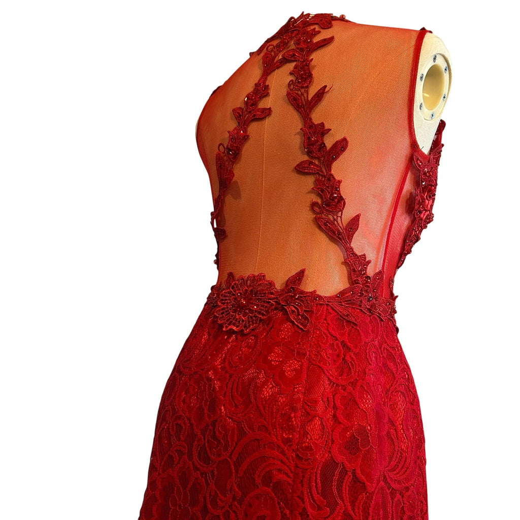 Swing Red Floral Guipure Lace Illusion Gown Size 6 Beaded Prom Gala Dress Wear