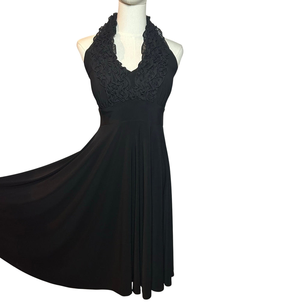 Blu Sage Black Halter Midi Dress 6 Lace Ruffle Cocktail Wedding Guest Party Boho