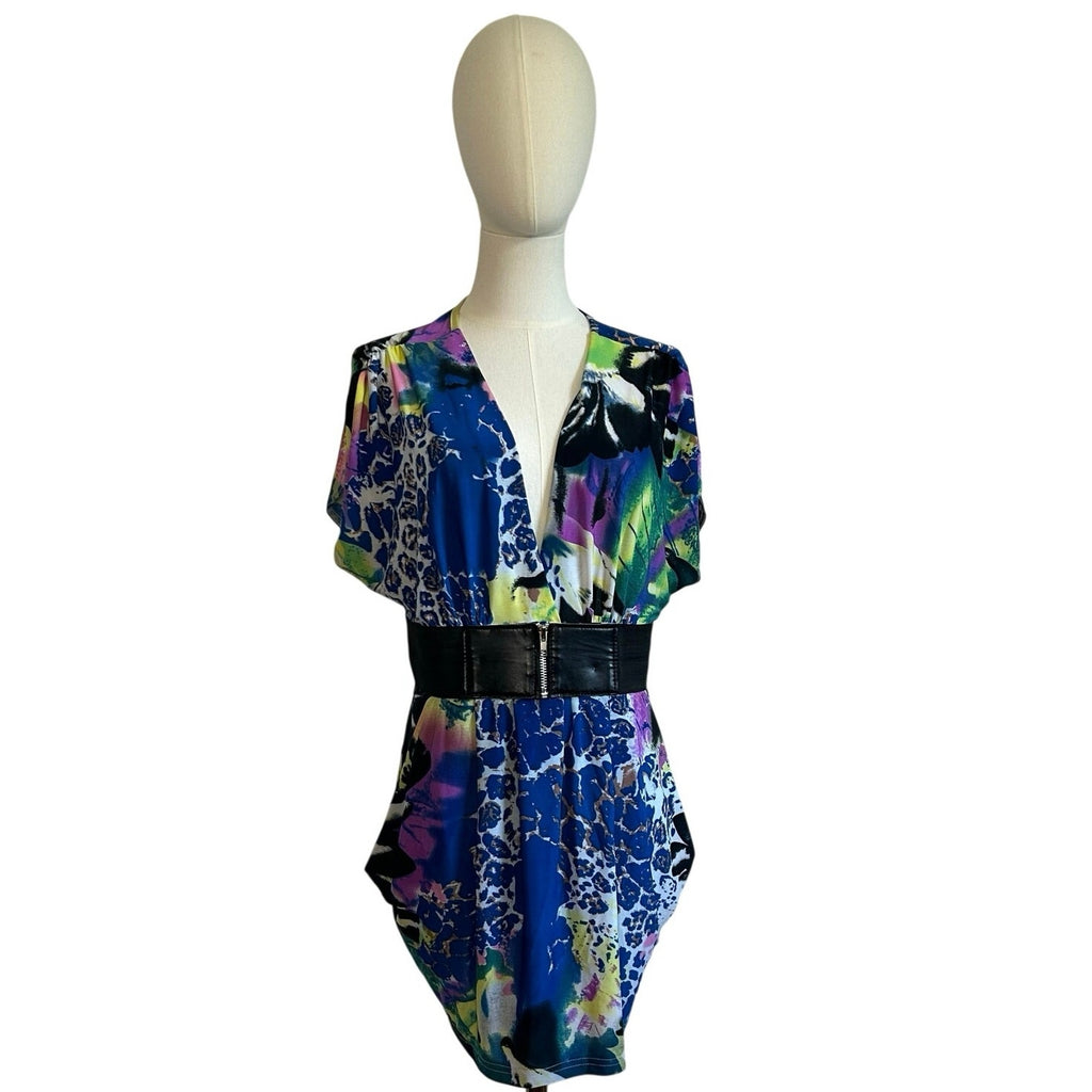 VTG Y2K Roommates Multicolored 4 Mini Dress Pockets Belt Retro Indie Twee Party