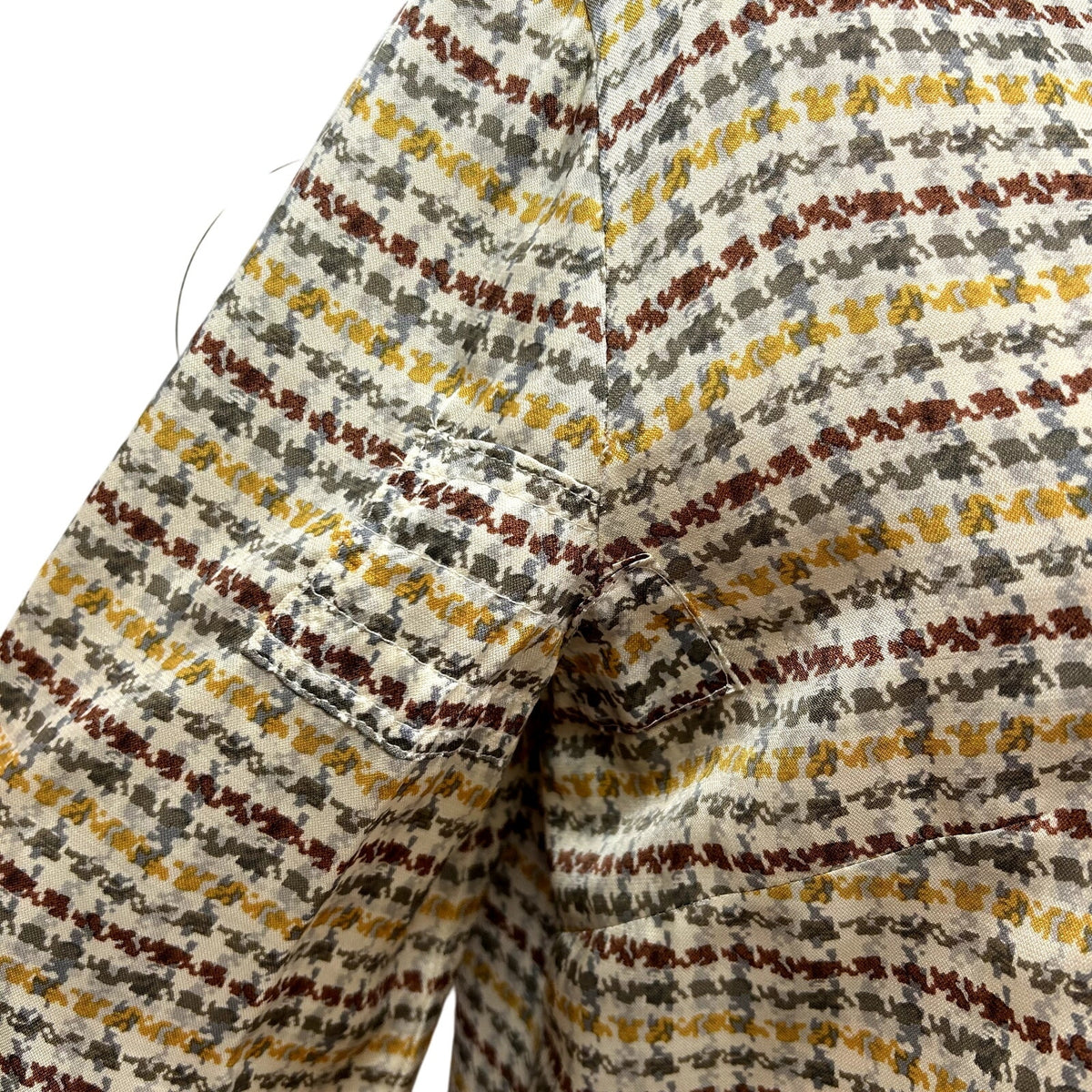 VTG 70s Sir Norman Hartnell M Tan Silk Houndstooth Pussy Bow Couture Blouse