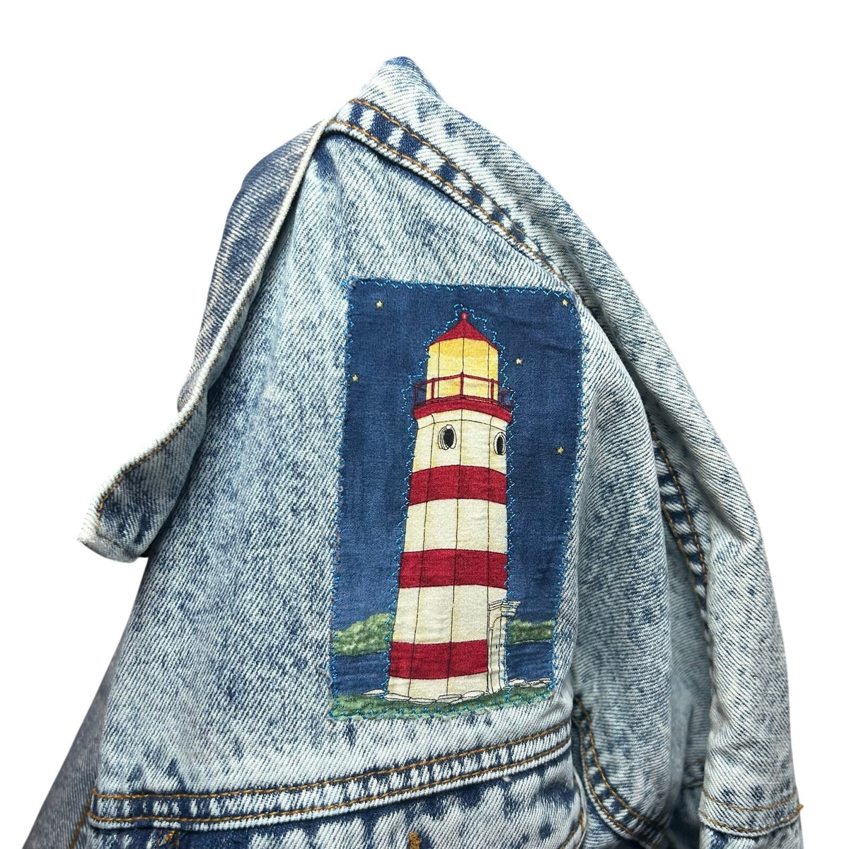VTG 90s Ocean Denim Acid Wash Lighthouse Jacket Scenic Art Oversized XL