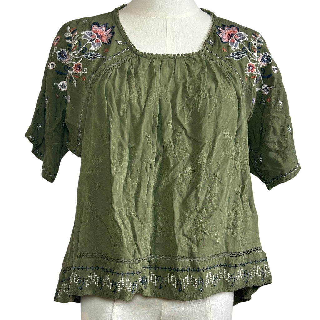 Knox Rose Blouse Small Green Rayon Embroidered Boho Peasant Indie Retro Cottage