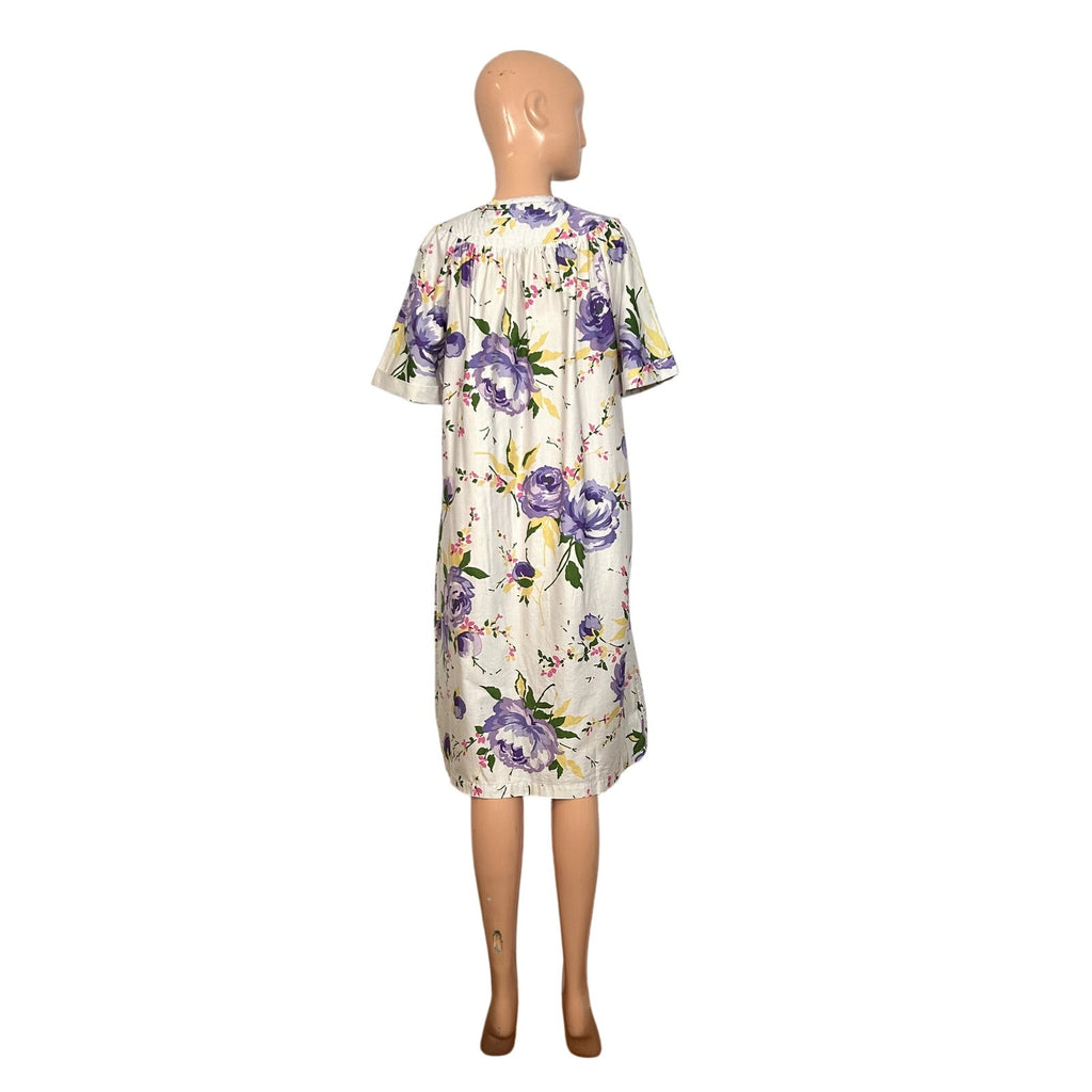 VTG 70s Grand Design S White Purple Floral Quilted Yoke Mumu Midi Dress Retro