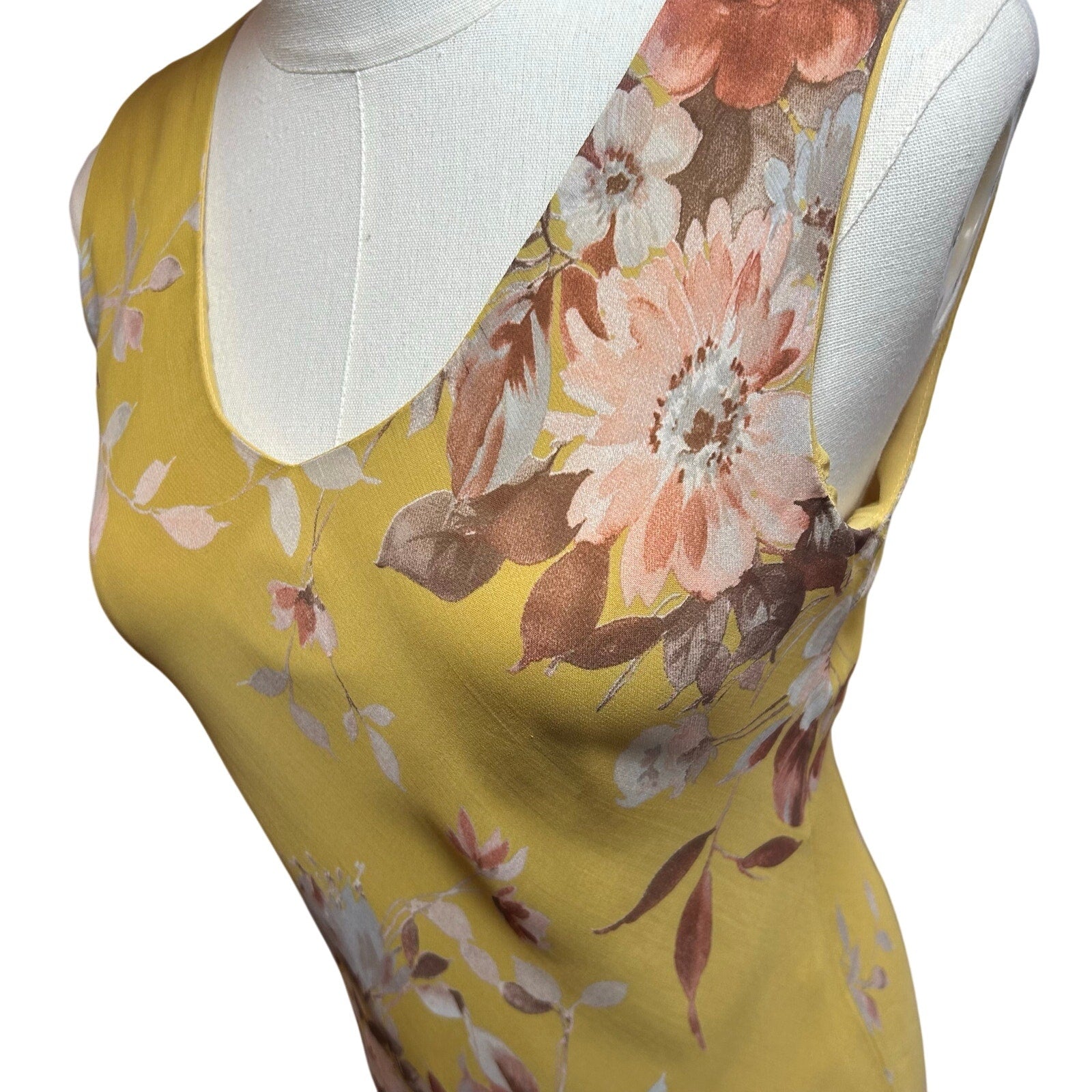 Lily Petite Small Floral Handkerchief Hem 90s Y2K Yellow Rayon Midi Dress P/S