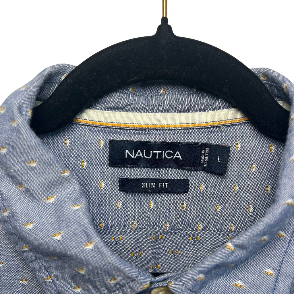 Nautica Mens L Large Slim Fit Blue Dobby Weave Long Sleeve Shirt Preppy Casual