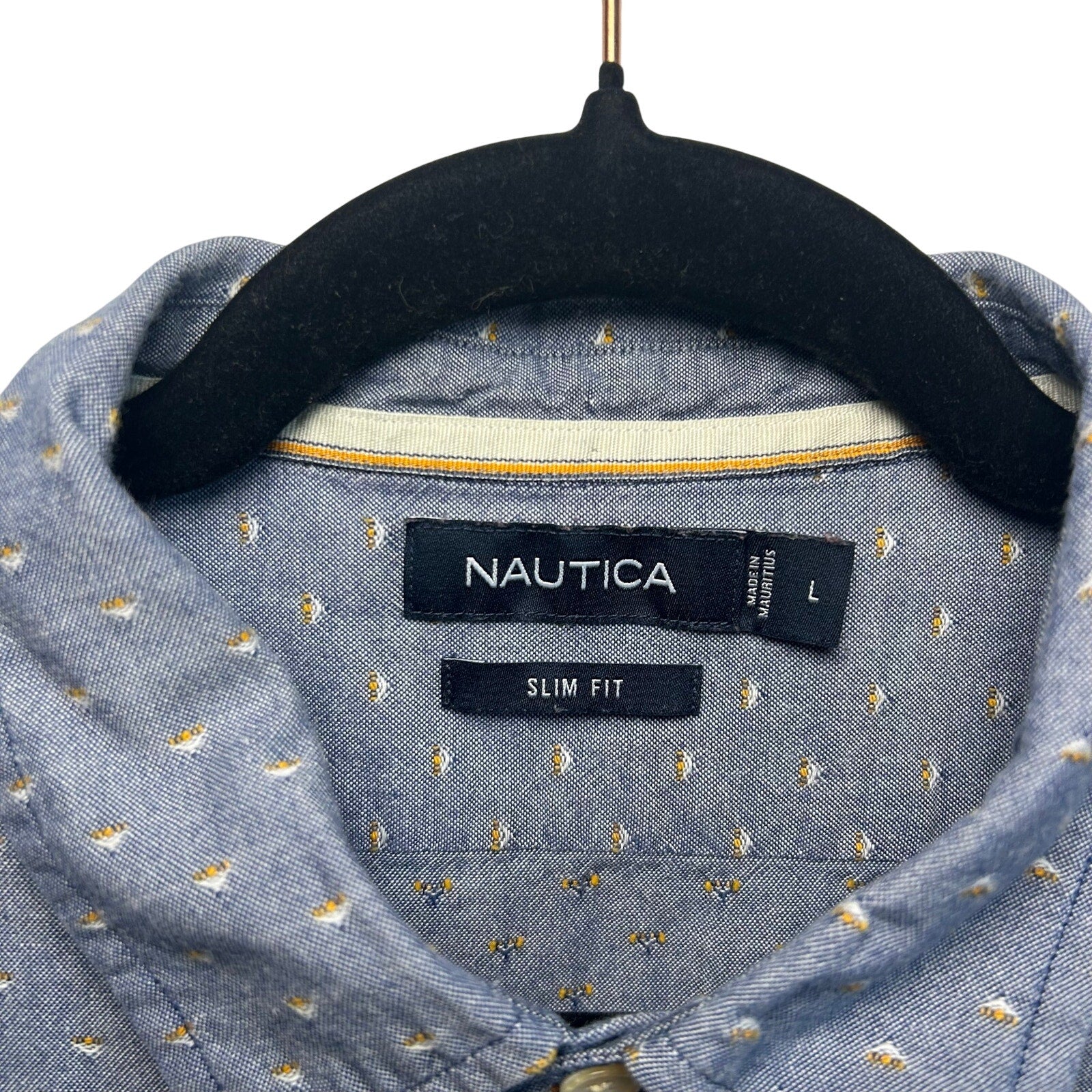 Nautica Mens L Large Slim Fit Blue Dobby Weave Long Sleeve Shirt Preppy Casual