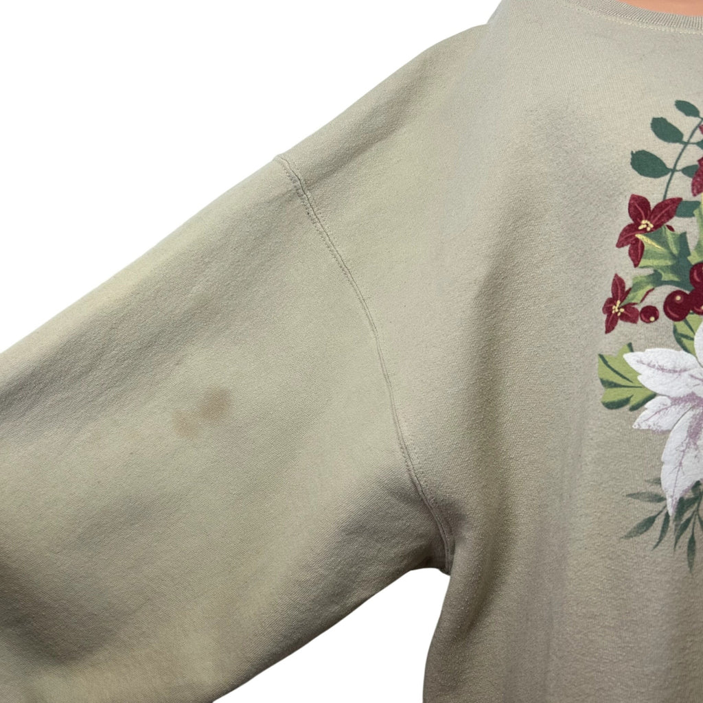 VTG 90s Jerzees XL Tan Christmas Poinsettia Fleece Sweatshirt Grandma Holiday