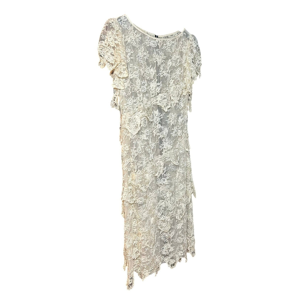 VTG 1960s Sheer Cream Lace Tiered Midi Dress Whimsigoth Bridal Overlay S