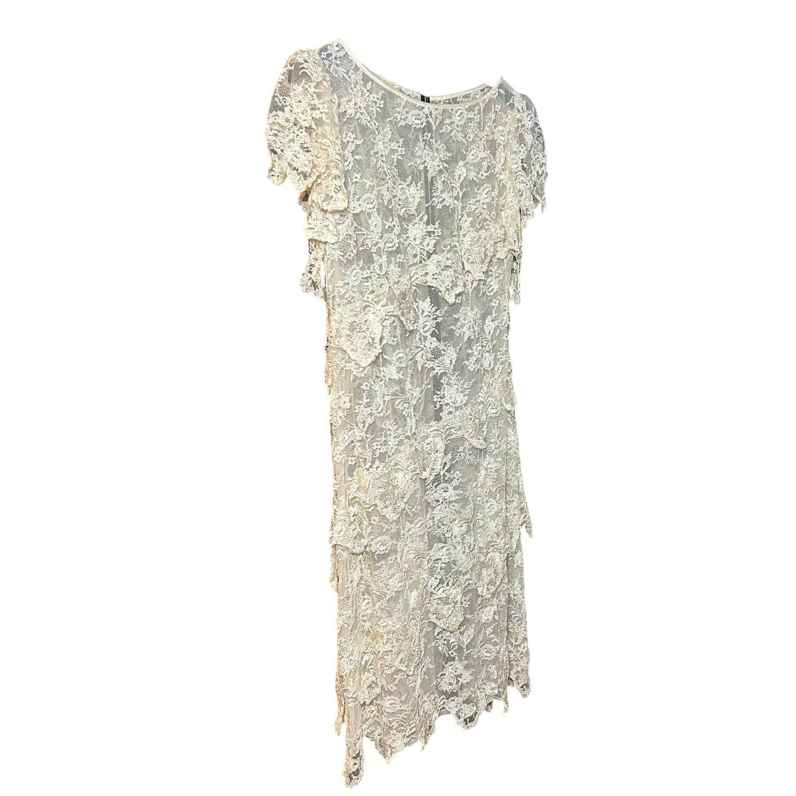 VTG 1960s Sheer Cream Lace Tiered Midi Dress Whimsigoth Bridal Overlay S