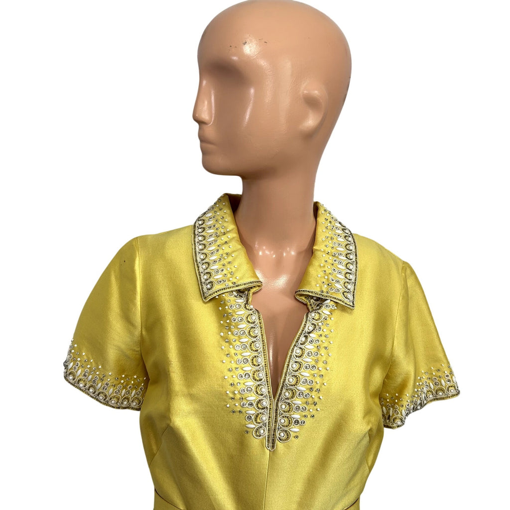 VTG 60s Sir Norman Hartnell S Yellow Beaded Wool Silk Couture Regency Midi Dress