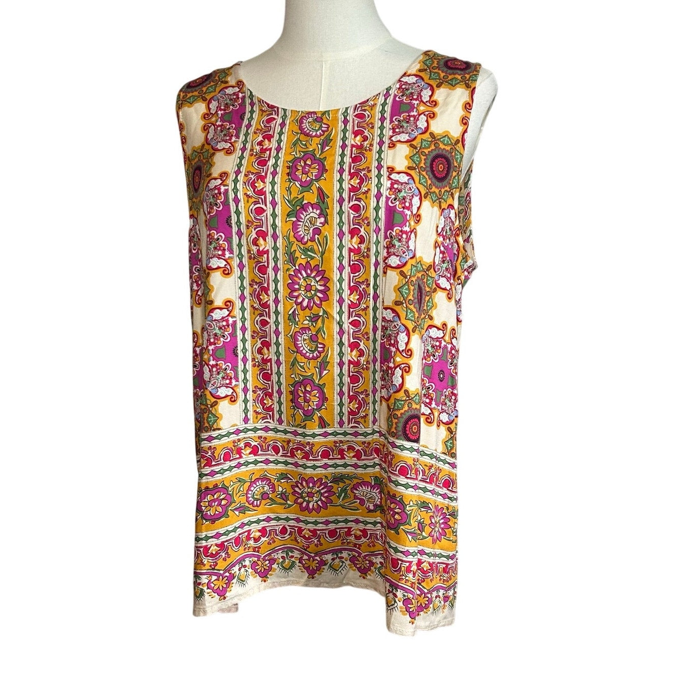 Boho Multicolor Print Rayon Sleeveless Top Large Indie Retro Casual Loungewear