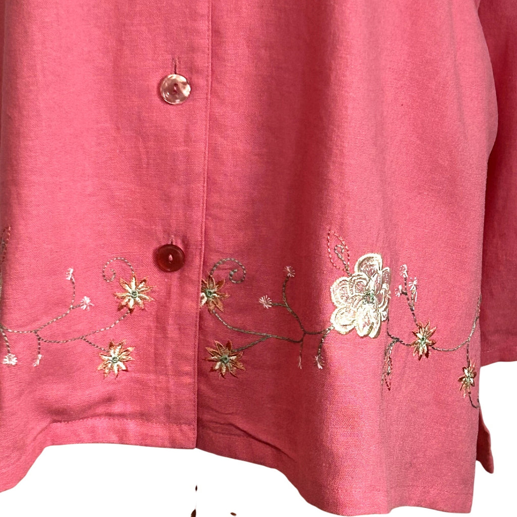 VTG 90s Sag Harbor 16W Pink Shirt Floral Embroidery Linen Rayon Grandma Cottage