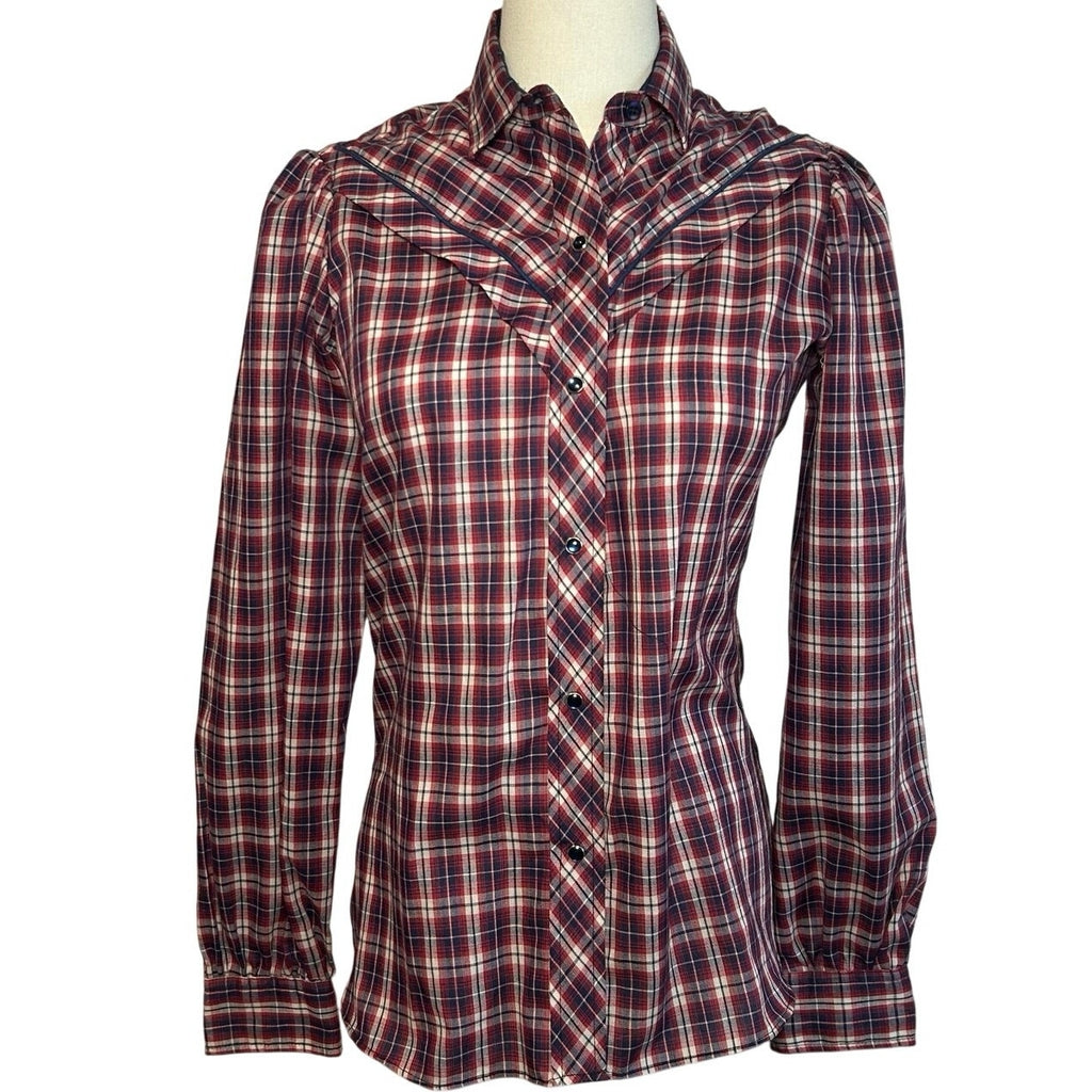 VTG 70s Kenny Rogers XS/S Western Red Plaid Snap Puff Sleeve Shirt Cottage Boho