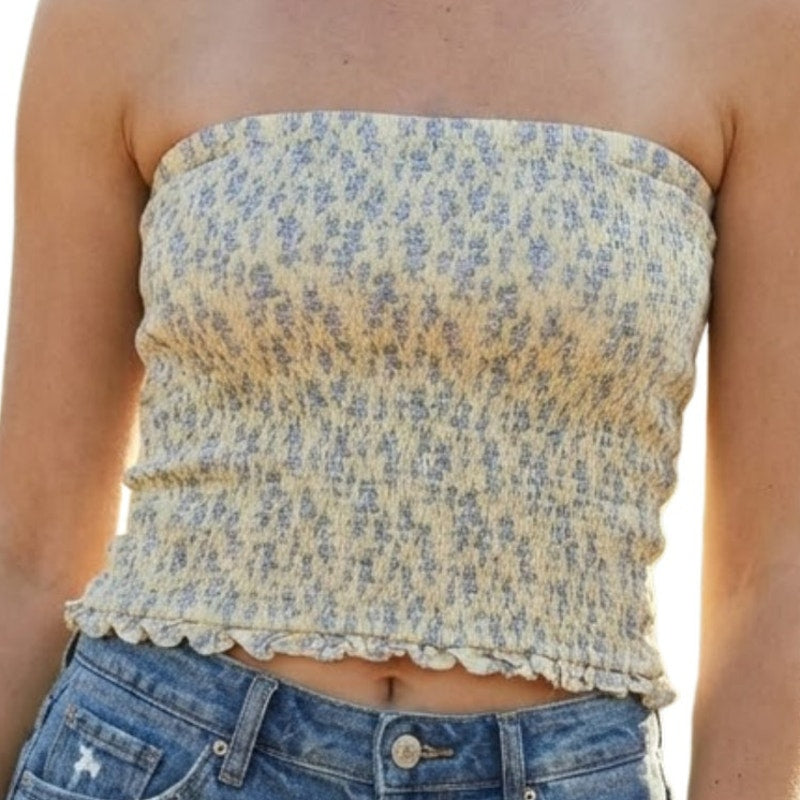 Forever 21 Yellow Purple Floral Smocked Tube Top Medium Ruffle Hem Boho Festival