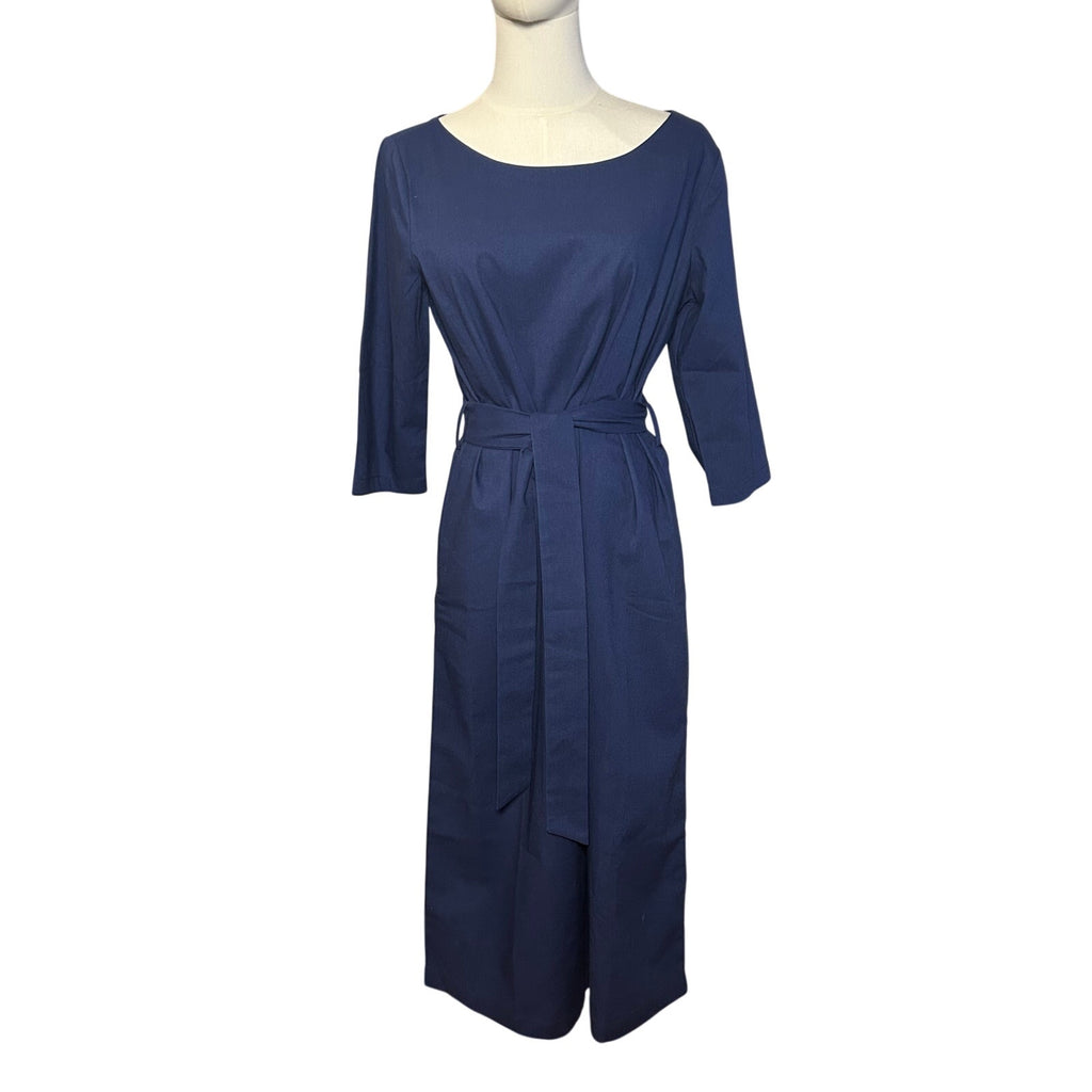 Hannah Canvas Signature Linen Belted Midi Dress Navy Blue Made in Canada Size M