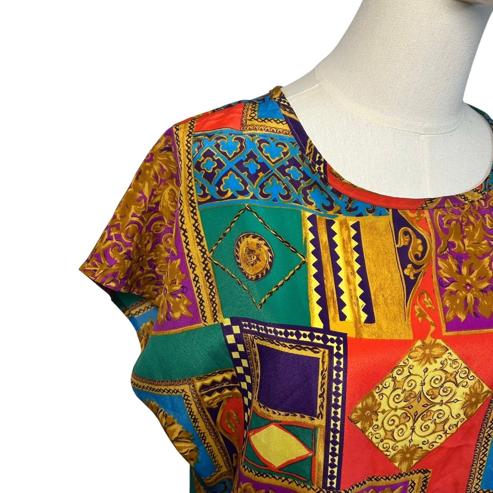 VTG 80s Multicolor Geometric L Short Sleeve Top Office Siren Maximalist Retro