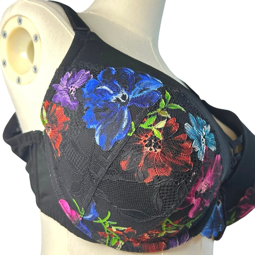 Torrid Curve Black Floral Mesh 360 Back Smoothing Push-Up Plunge Bra 44D Goth