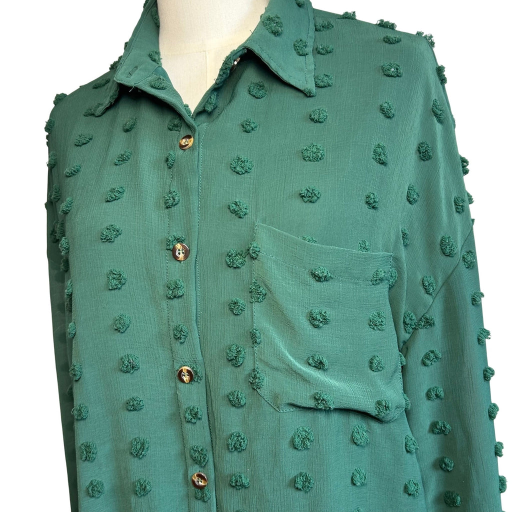 Forest Green Swiss Dot Long Sleeve L Casual Clip Dot Shirt Boho Minimalist Twee