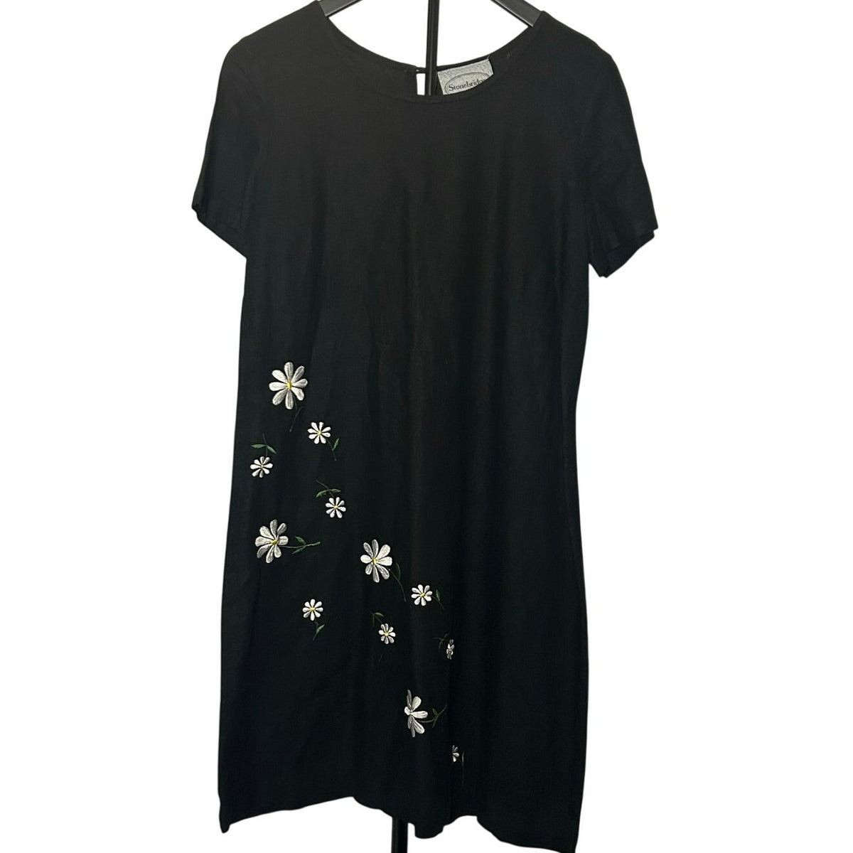 VTG Stonebridge Daisy Embroidered Shift Dress Black Sz 8 Linen Blend Whimsygoth