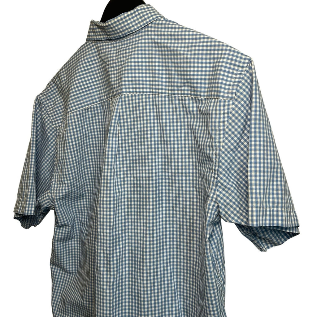 VTG Y2K Arrow Light Blue Gingham Plaid Short Sleeve Button Down Shirt Basics
