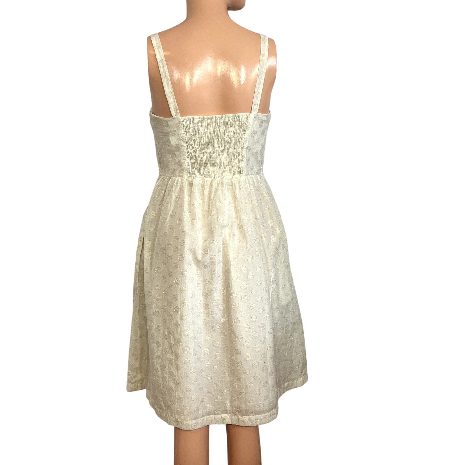 Free People Metallic Polka Dot Dress S Smocked Button Down Knee Length Cottage