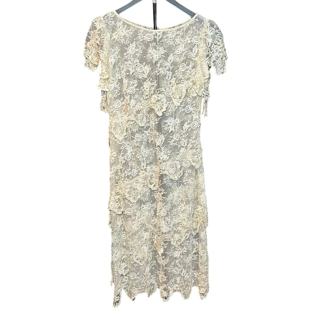 VTG 1960s Sheer Cream Lace Tiered Midi Dress Whimsigoth Bridal Overlay S