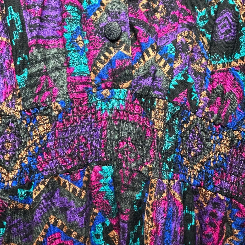 VTG En Focus Geometric Jumpsuit Purple L Rayon Southwestern Boho 90s USA Made