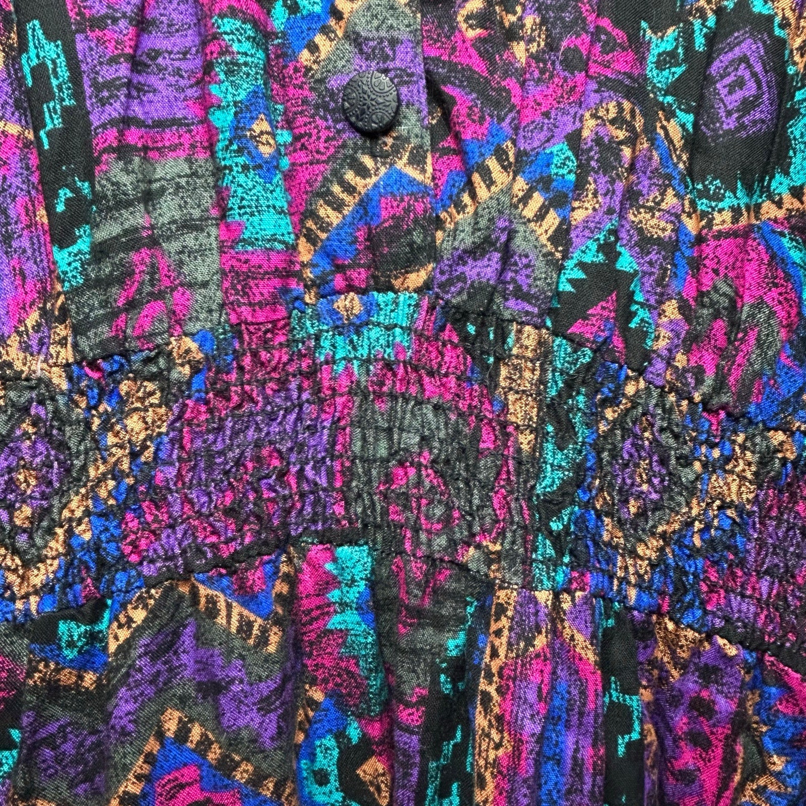 VTG En Focus Geometric Jumpsuit Purple L Rayon Southwestern Boho 90s USA Made