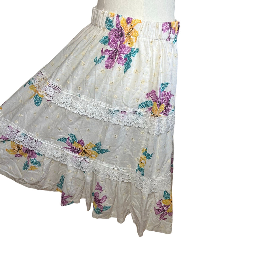VTG 80s White Floral Broomstick Skirt M L Hawaiian Boho Cottage Fairy Retro
