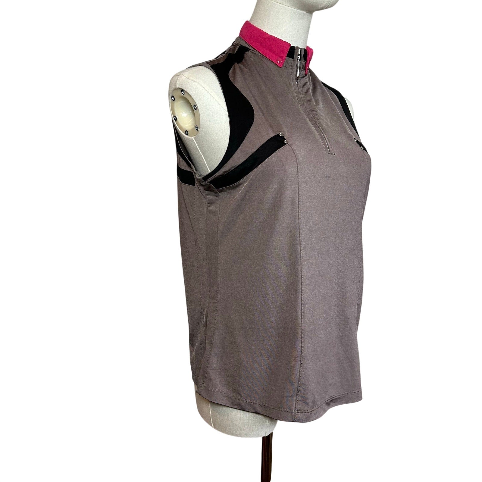 Jamie Sadock Sleeveless Zip Golf Polo Top Grey Pink S Studs Preppy Punk Retro