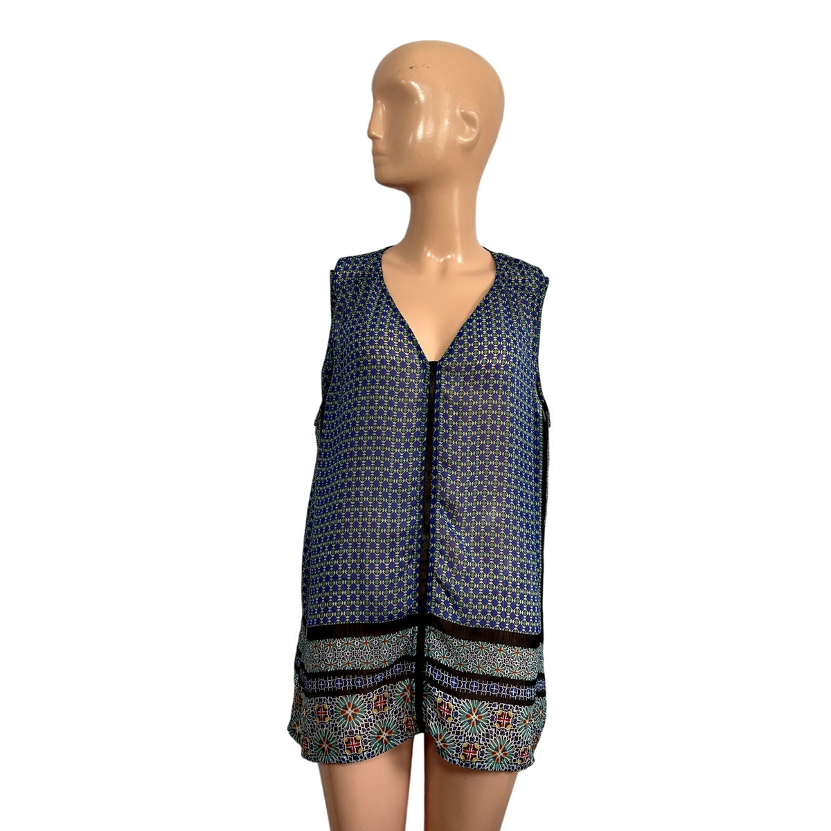 Liz Claiborne XL Blue Green Chiffon Sleeveless V-Neck Blouse Boho Top Maximalist