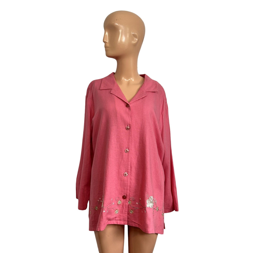 VTG 90s Sag Harbor 16W Pink Shirt Floral Embroidery Linen Rayon Grandma Cottage
