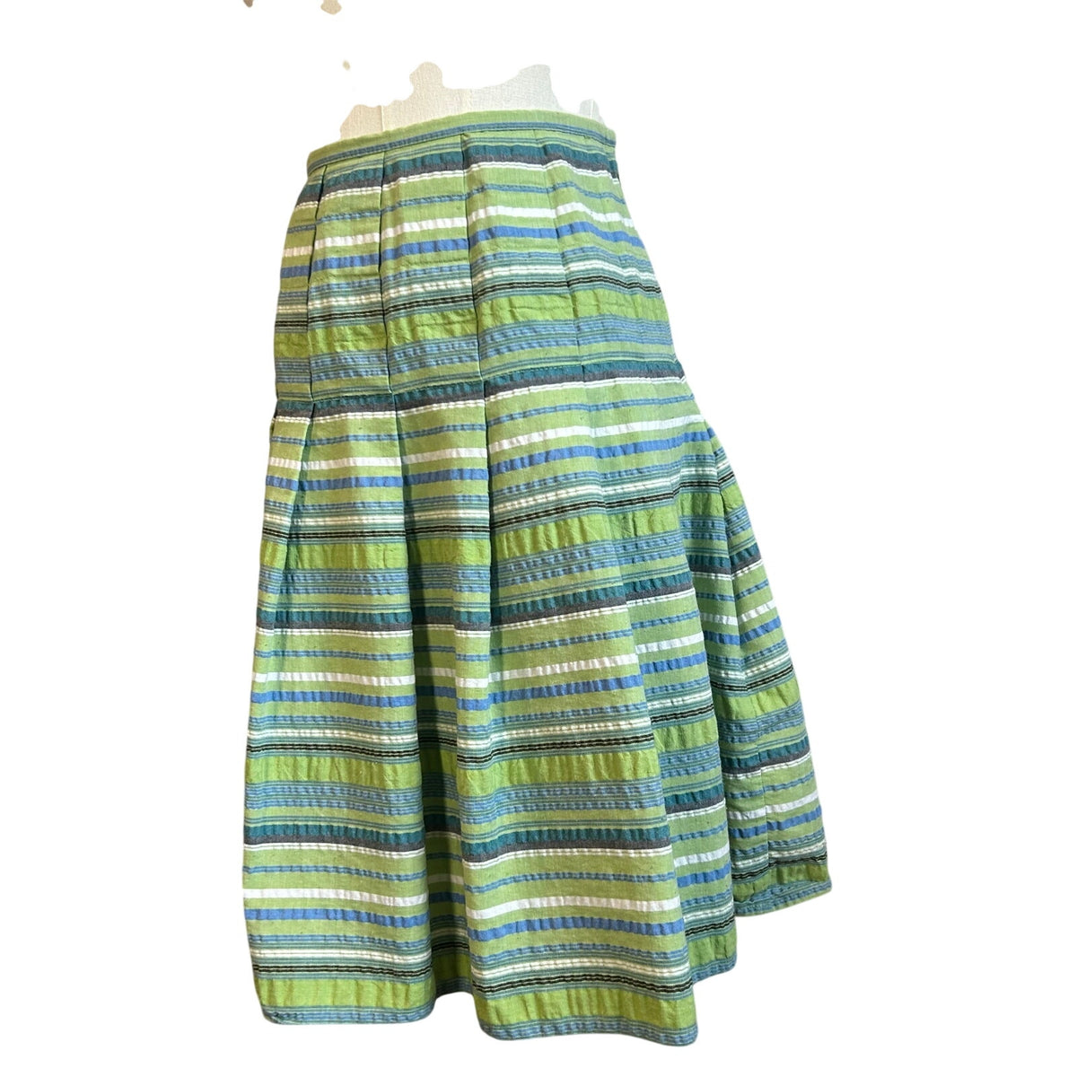 VTG 90s Green Seersucker Cotton Blend Lined Midi Skirt 8 Preppy Retro Cottage