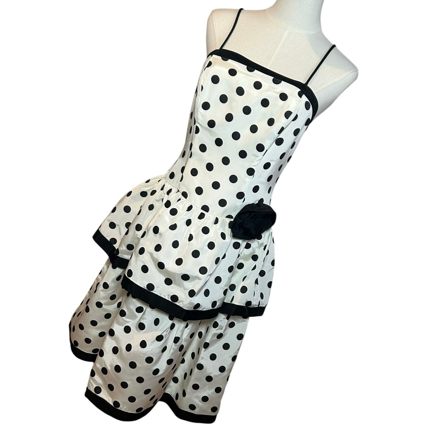 VTG 80s Stop Staring! Polka Dot B&W Medium Tiered Drop Waist Dress Rockabilly