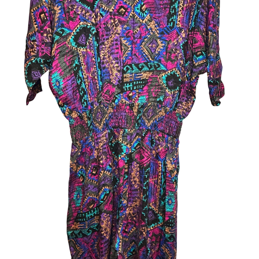 VTG En Focus Geometric Jumpsuit Purple L Rayon Southwestern Boho 90s USA Made