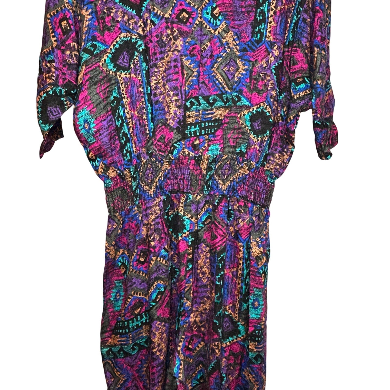VTG En Focus Geometric Jumpsuit Purple L Rayon Southwestern Boho 90s USA Made