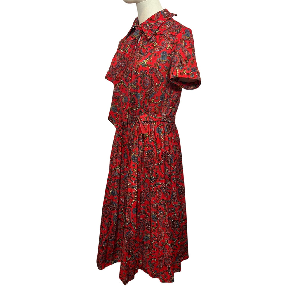 VTG 70s Red Paisley Dagger Collar Midi Dress with Matching Belt M Whimsygoth