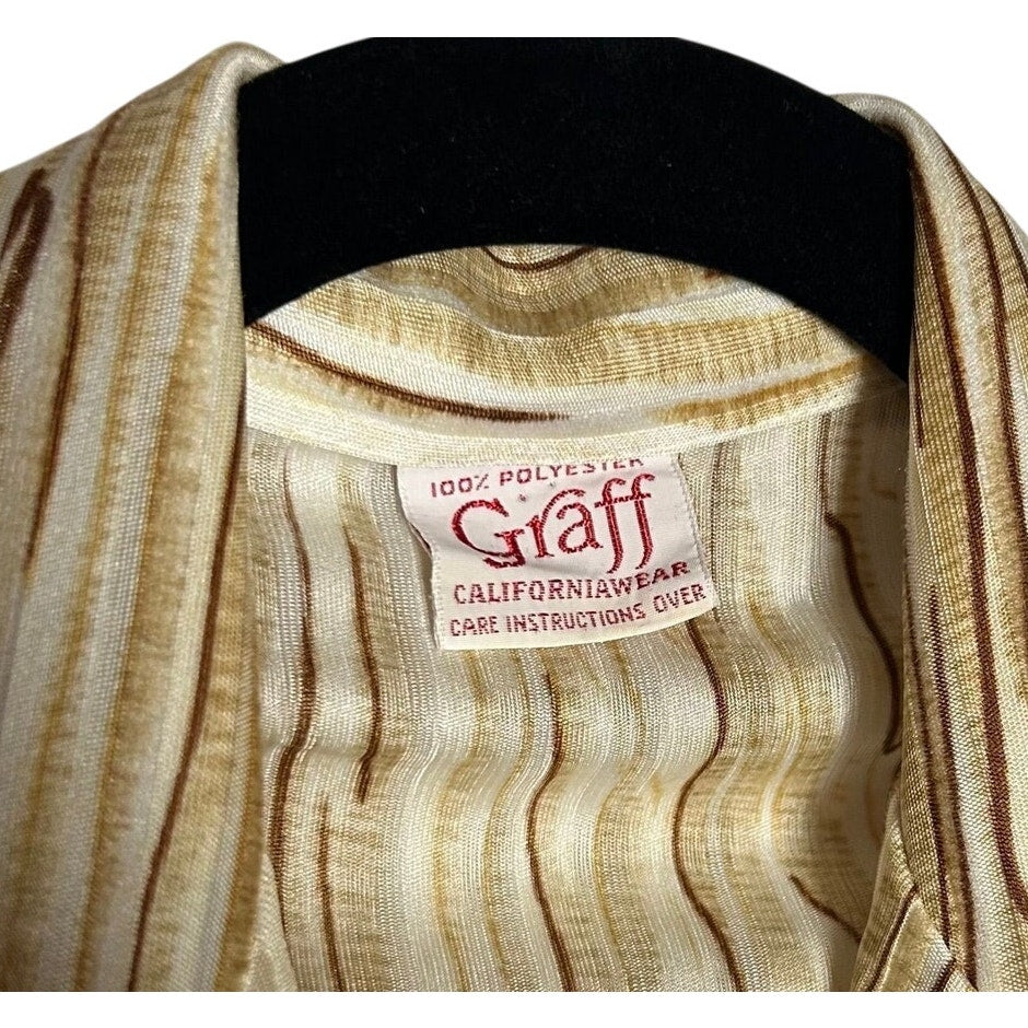VTG 70s Graff Californiawear Faux Bois Wood Grain Blouse Dagger Collar S/M Disco